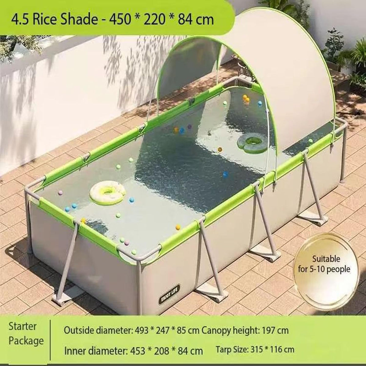 Piscina grande con toldo extraíble, diseño plegable para uso en exteriors
