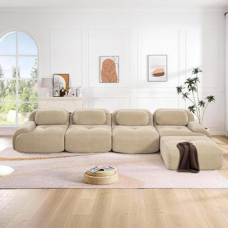 Sofá Moderno Modular, Tela côtelé, Asiento Profundo + reposabrazos Anchos