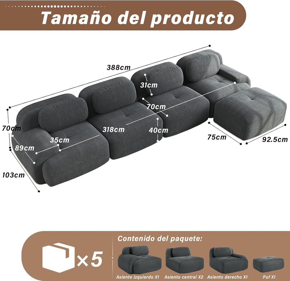 Sofá Moderno Modular, Tela côtelé, Asiento Profundo + reposabrazos Anchos