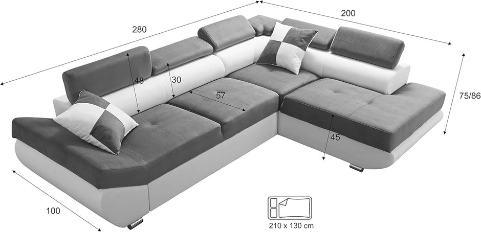 Sofá Esquinero Cama - con Cajón - 2 Cojines - Reposacabezas Ajustables