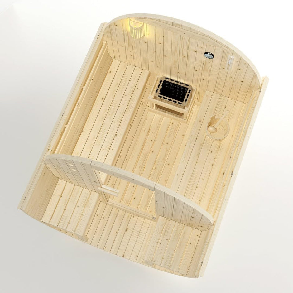 Sauna para 4 – 6 personas 194,8 × 220 × 191,5 cm, horno Harvia 8 kW, madera de abeto, cristal templado