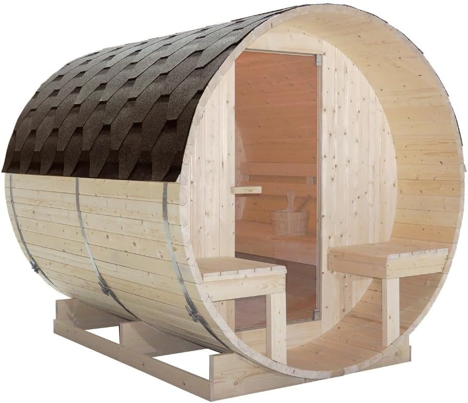 Sauna para 4 – 6 personas 194,8 × 220 × 191,5 cm, horno Harvia 8 kW, madera de abeto, cristal templado