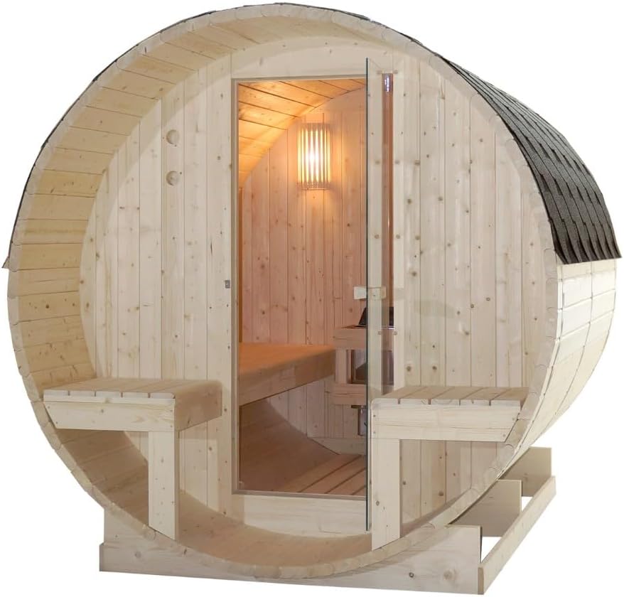 Sauna para 4 – 6 personas 194,8 × 220 × 191,5 cm, horno Harvia 8 kW, madera de abeto, cristal templado