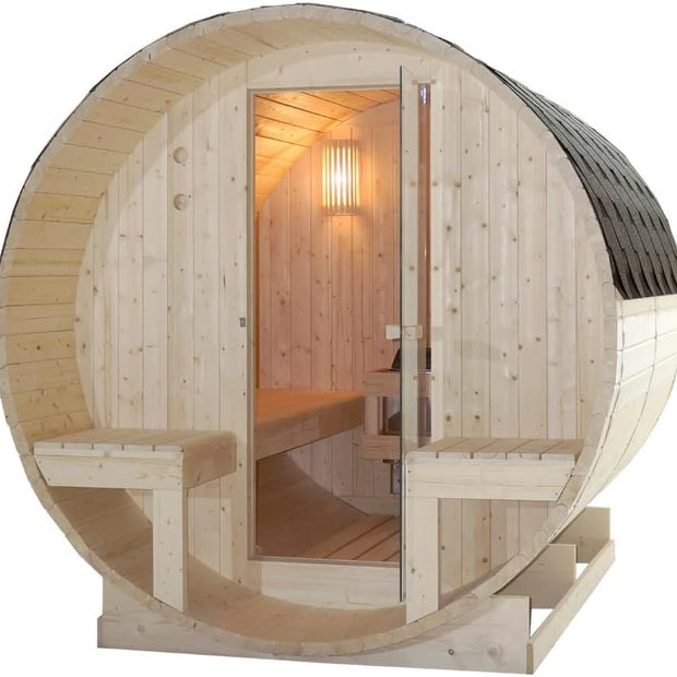 Sauna para 4 – 6 personas 194,8 × 220 × 191,5 cm, horno Harvia 8 kW, madera de abeto, cristal templado