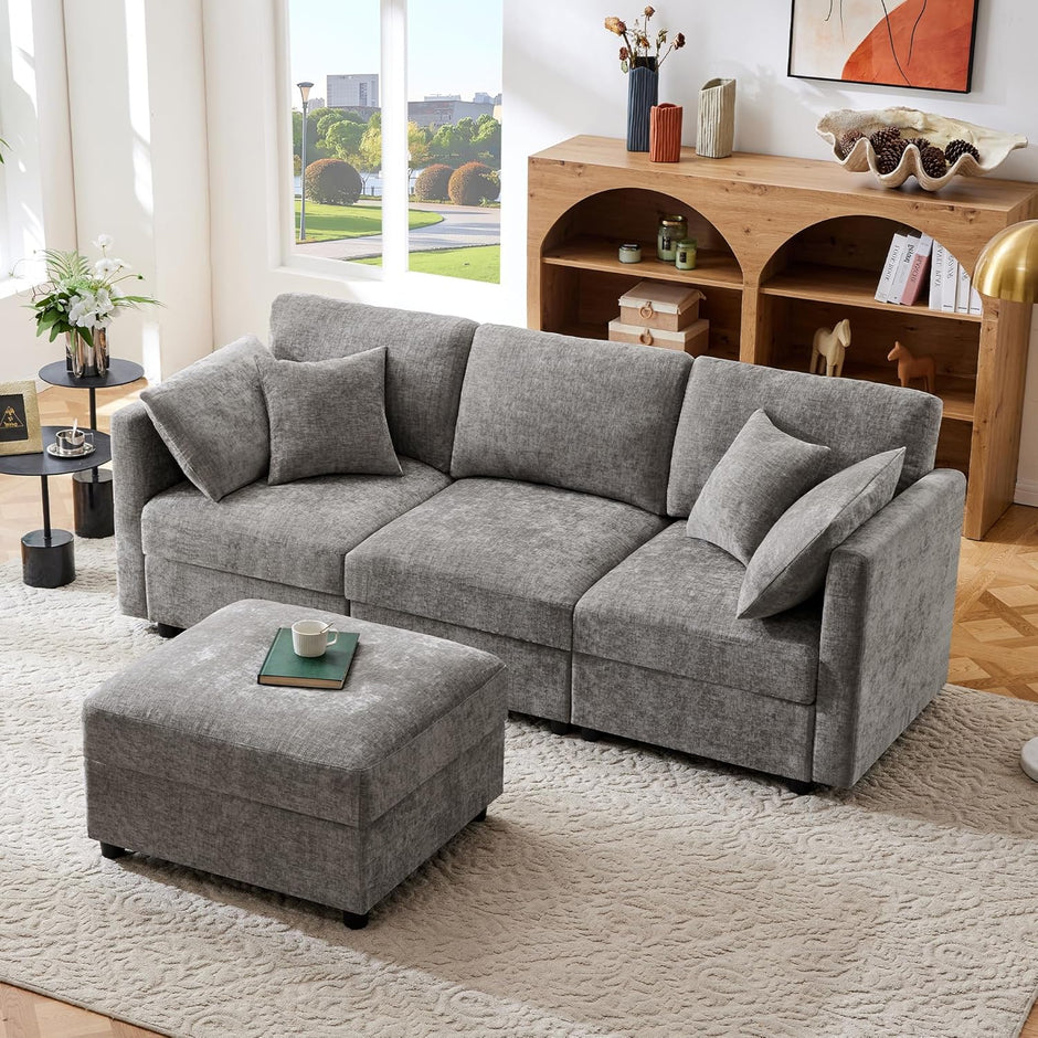 Sofá de esquina en forma de L con reposapiés, sofá cama convertible de 3 plazas