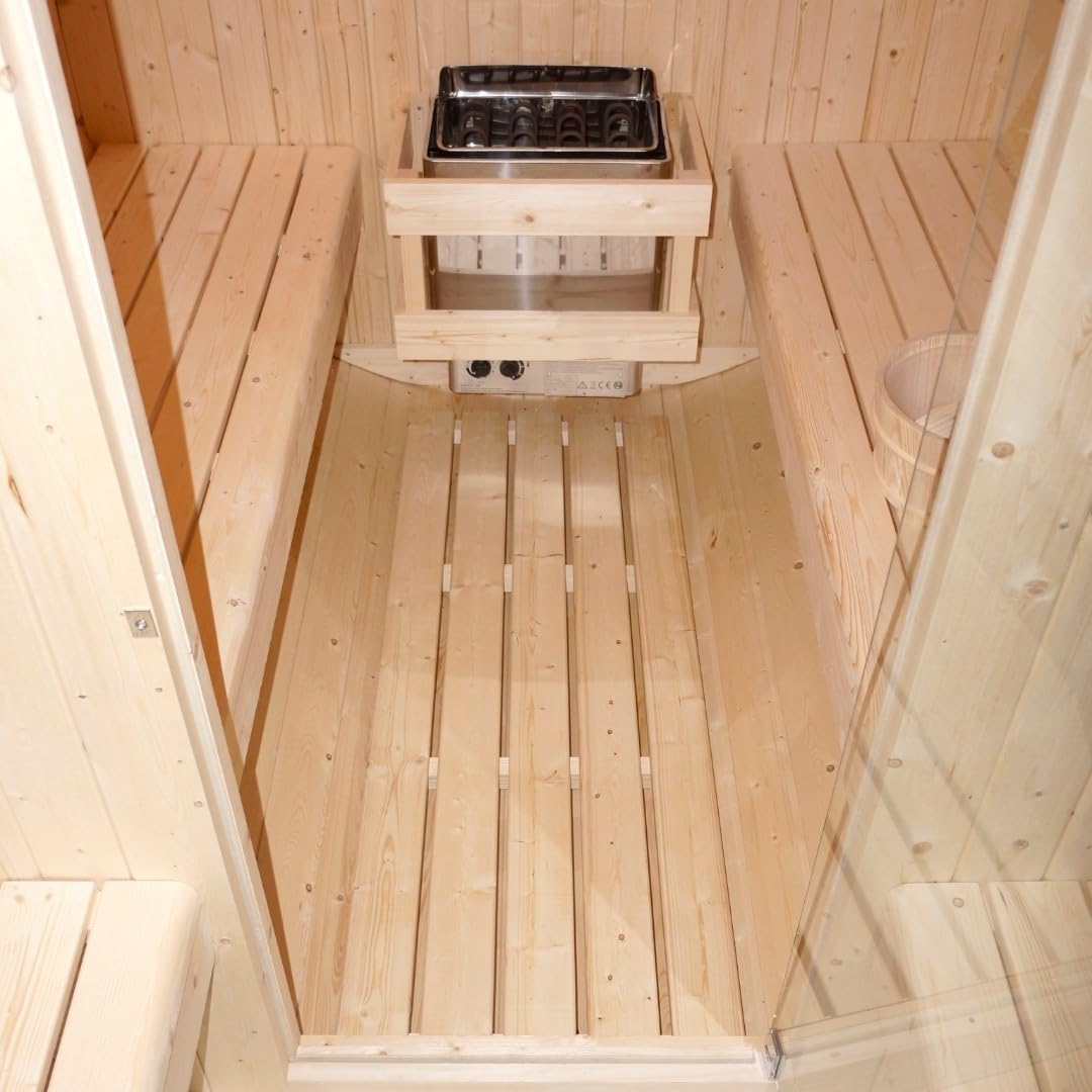 Sauna para 4 – 6 personas 194,8 × 220 × 191,5 cm, horno Harvia 8 kW, madera de abeto, cristal templado