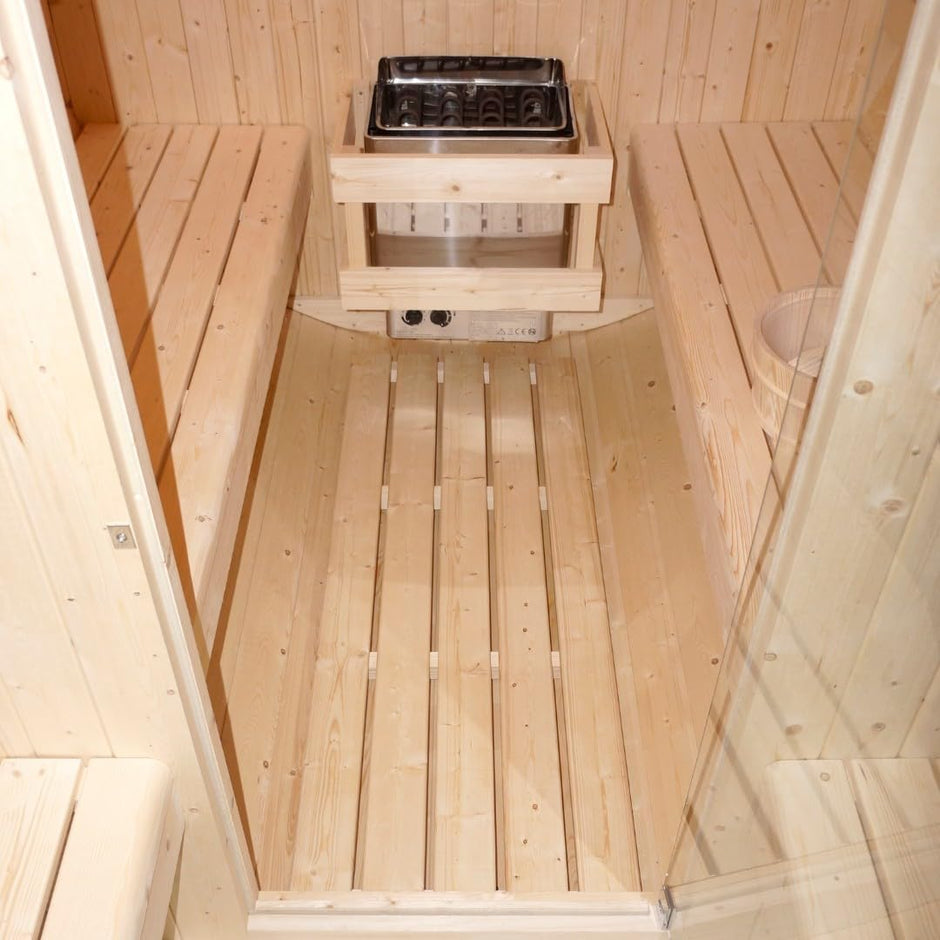 Sauna para 4 – 6 personas 194,8 × 220 × 191,5 cm, horno Harvia 8 kW, madera de abeto, cristal templado