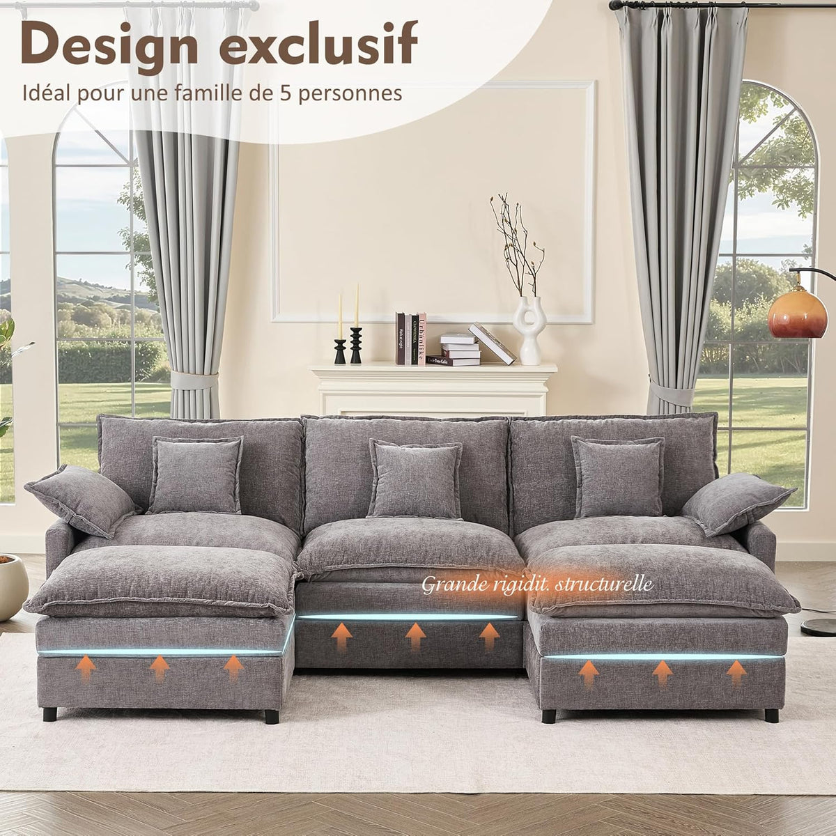 Sofá Modular en Forma de U,Set of sofá de Esquina de 3 plazas con Taburete