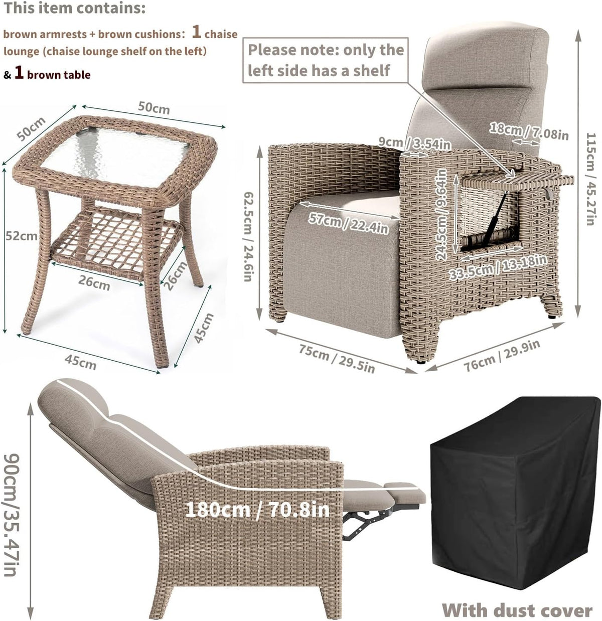 Tumbona de Relax y Juego de Mesa Auxiliar, Sillón de Ratán, Respaldo Ajustable, con Cojín Grueso