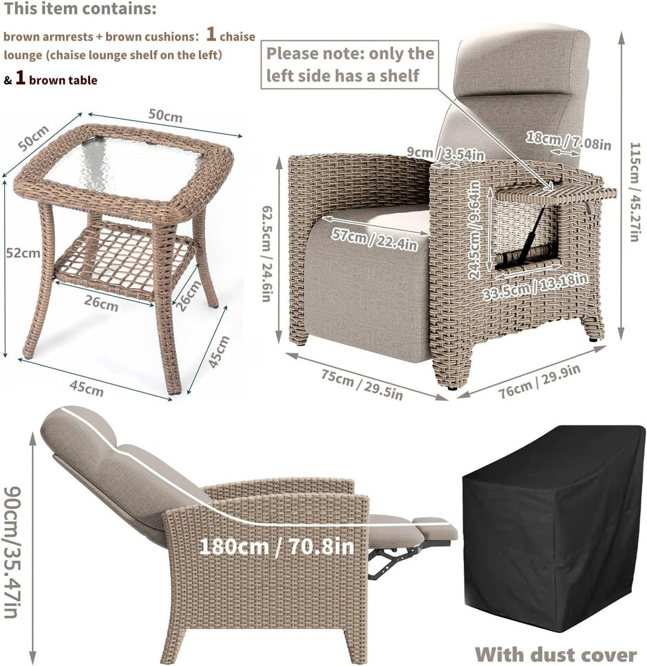 Tumbona de Relax y Juego de Mesa Auxiliar, Sillón de Ratán, Respaldo Ajustable, con Cojín Grueso