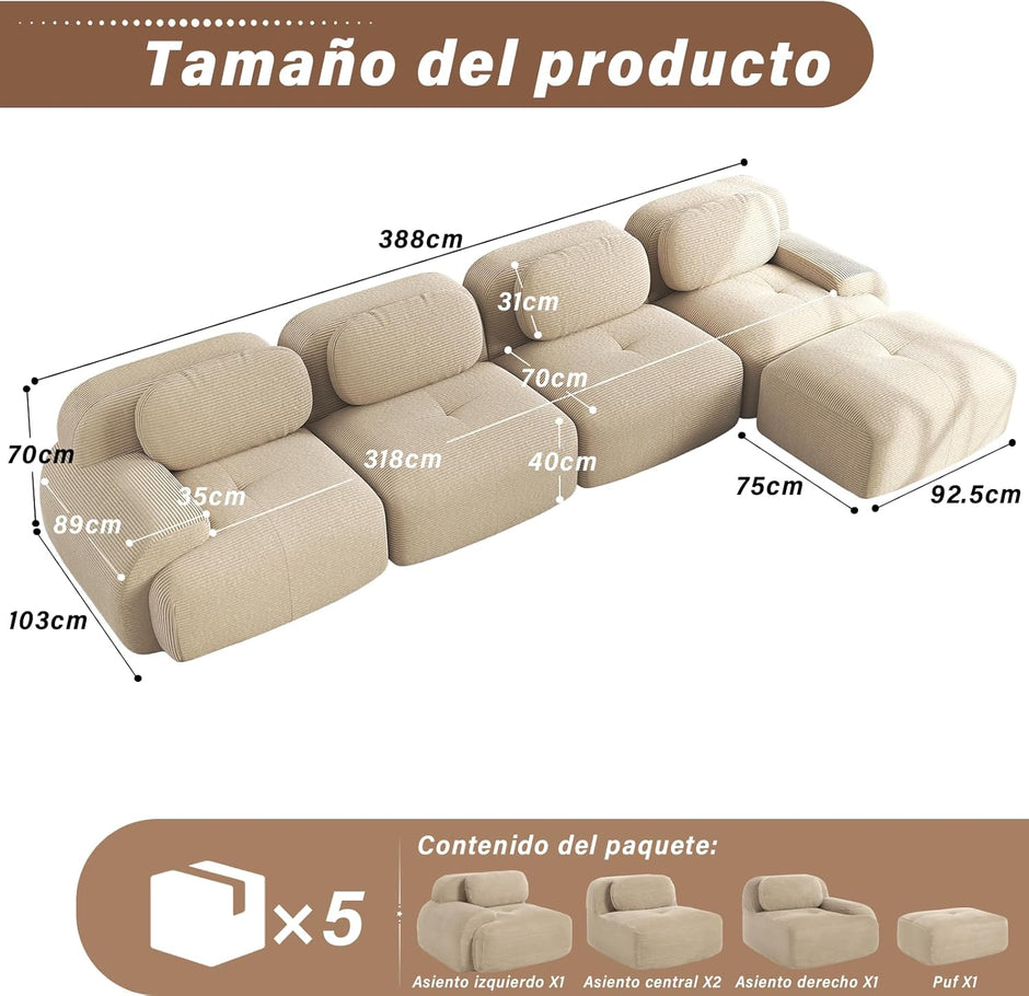 Sofá Moderno Modular, Tela côtelé, Asiento Profundo + reposabrazos Anchos