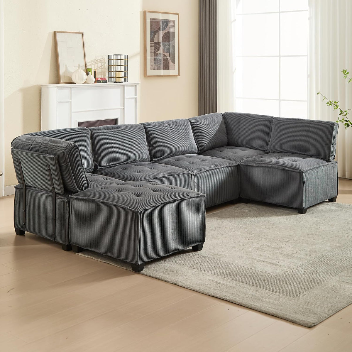 Sofá largo de 308 cm para 6 personas, tejido de pana, flexible