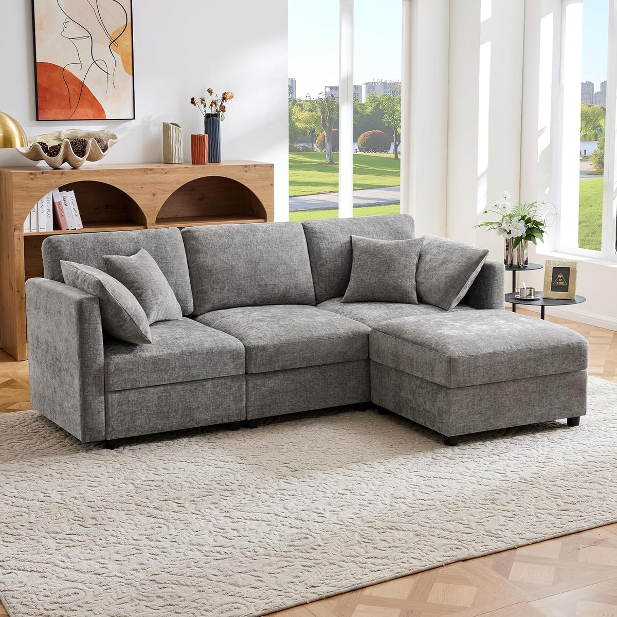 Sofá de esquina en forma de L con reposapiés, sofá cama convertible de 3 plazas