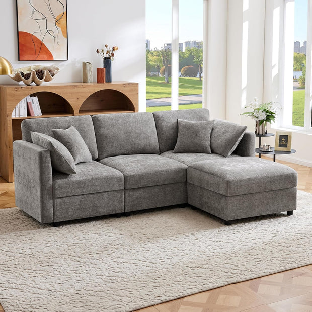 Sofá de esquina en forma de L con reposapiés, sofá cama convertible de 3 plazas
