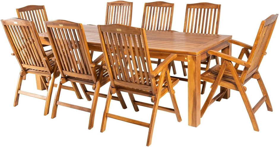 Conjunto de jardín de Madera Teca, Mesa de 240 cm de Largo y 8 sillones reclinables