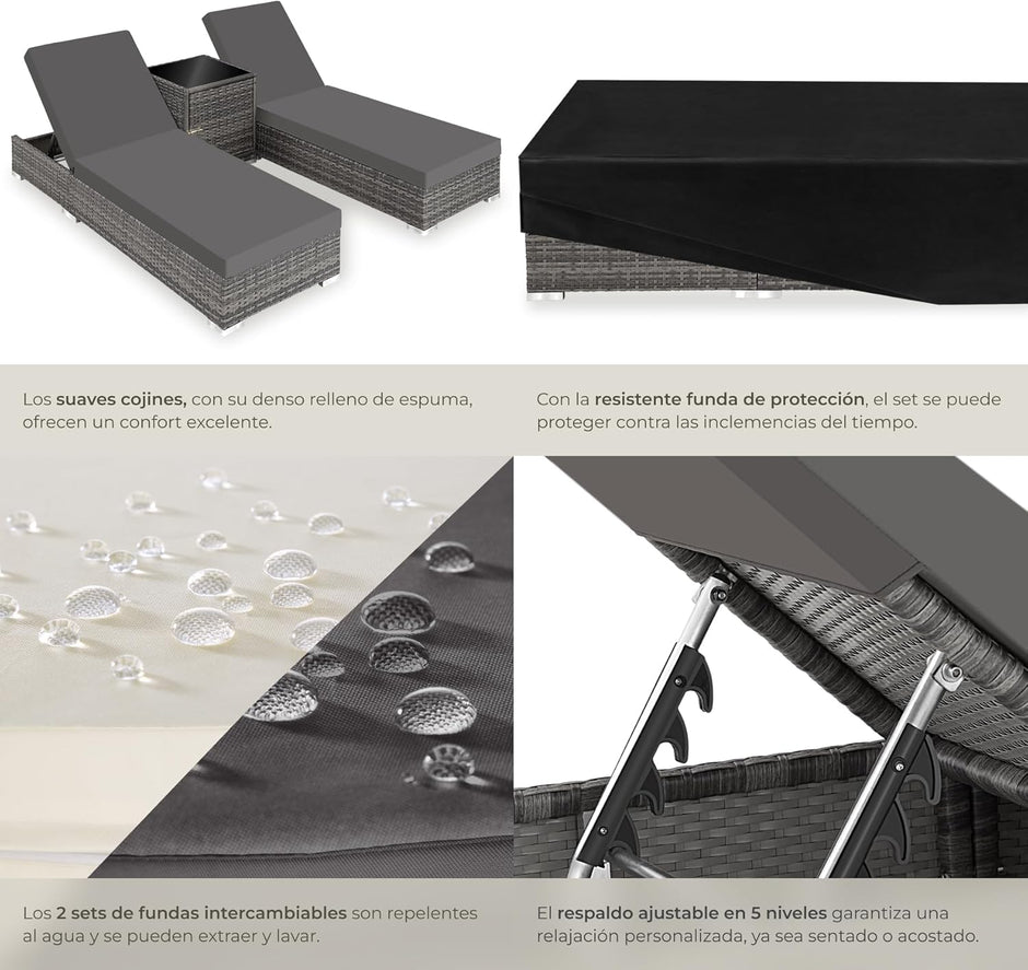 Set 2 Tumbonas de Ratán y Aluminio + Mesa Jardín, Tumbonas Piscina Respaldo Regulable