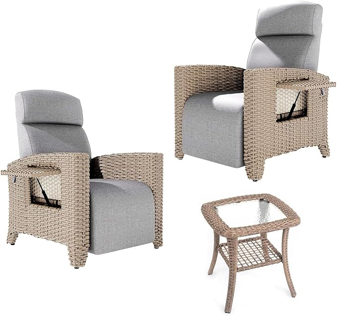Tumbona de Relax y Juego de Mesa Auxiliar, Sillón de Ratán, Respaldo Ajustable, con Cojín Grueso