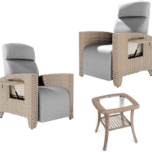 Tumbona de Relax y Juego de Mesa Auxiliar, Sillón de Ratán, Respaldo Ajustable, con Cojín Grueso
