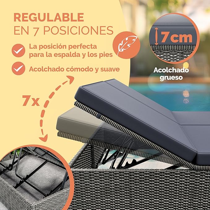 Tumbona Doble Jardín 200x115cm 2 Mesas Plegable Cojín Poliratán Resistente Intemperie 7 Posiciones Gris Antracita